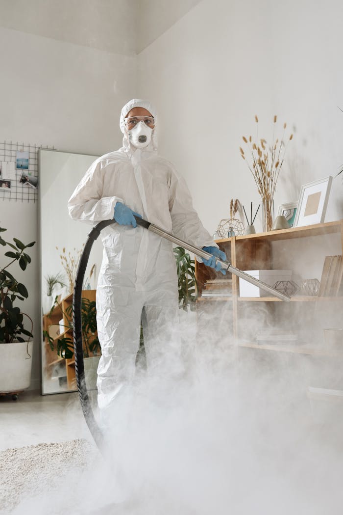 A person in PPE suit disinfecting an indoor space with smoke.